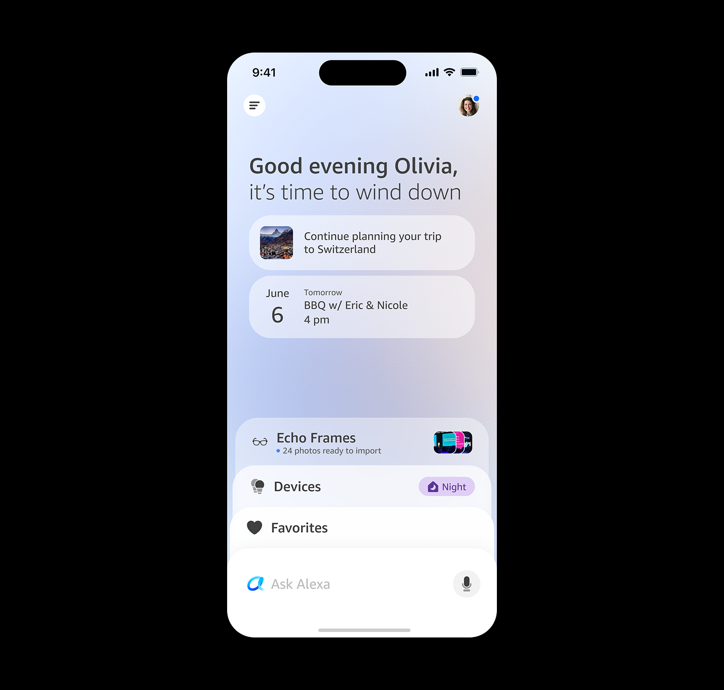 Alexa app home screen: personalized evening cards for trip planning, calendar, Echo Frames and devices, with an Ask Alexa input bar