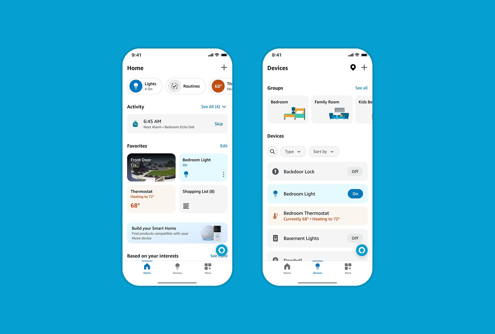 Two iPhone screens on cyan showing the Alexa app's Home and Devices tabs.