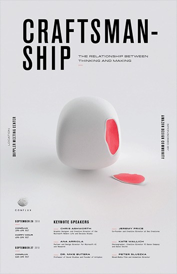 CONFLUX Q3 poster: Craftsmanship set in large type above a white sculptural form with a red mark, on black.