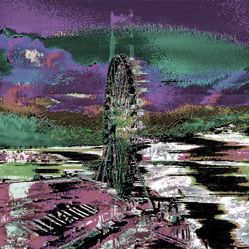Databending study: a landscape pushed into green and violet channel shifts with sorted pixel runs.