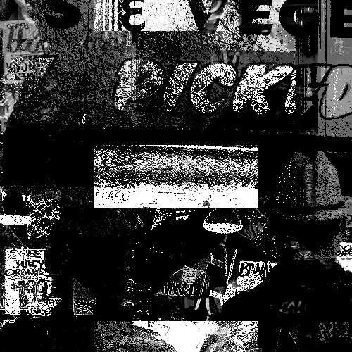 Layered databent type, black and white, letterforms broken into horizontal scan bands.