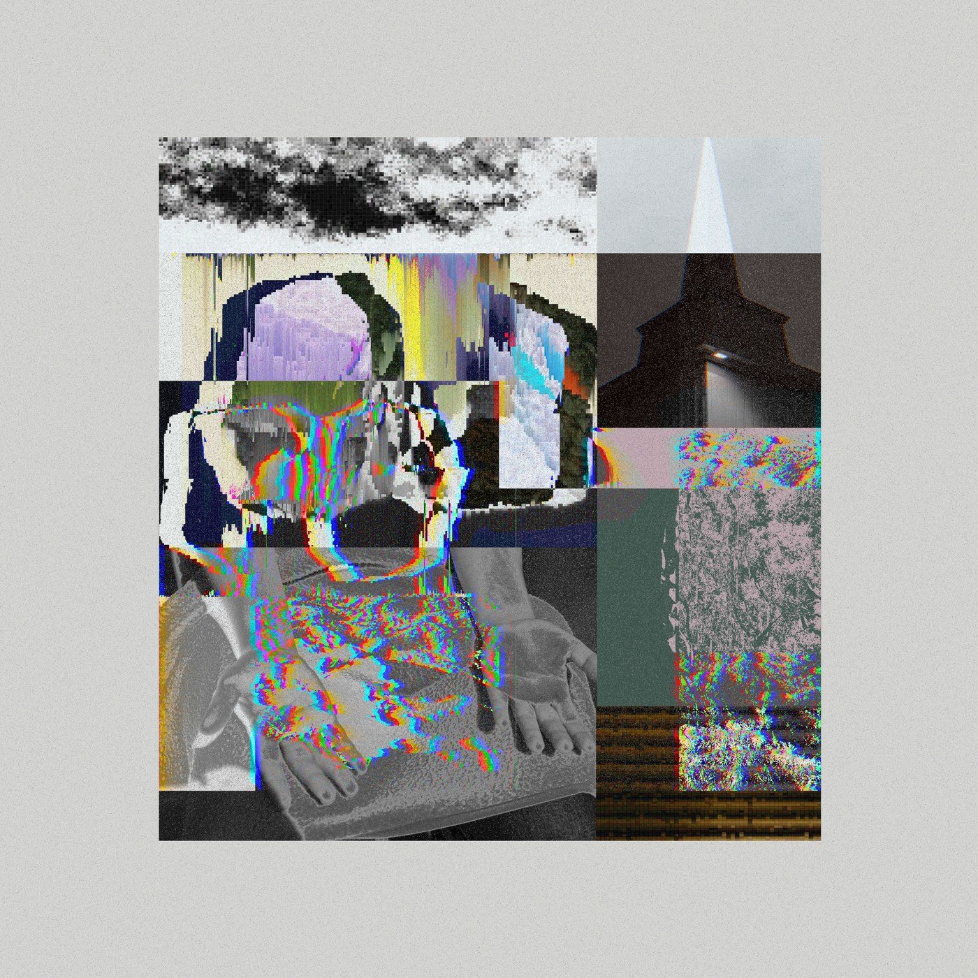 A grid of nine glitch studies, each a different corruption method applied to the same photographic source.