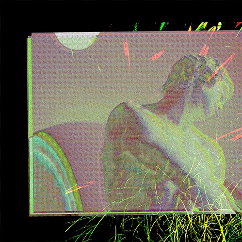 What Does Your Soul Look Like: a figure dissolved into green scanlines and dotted grid, framed on salmon pink.