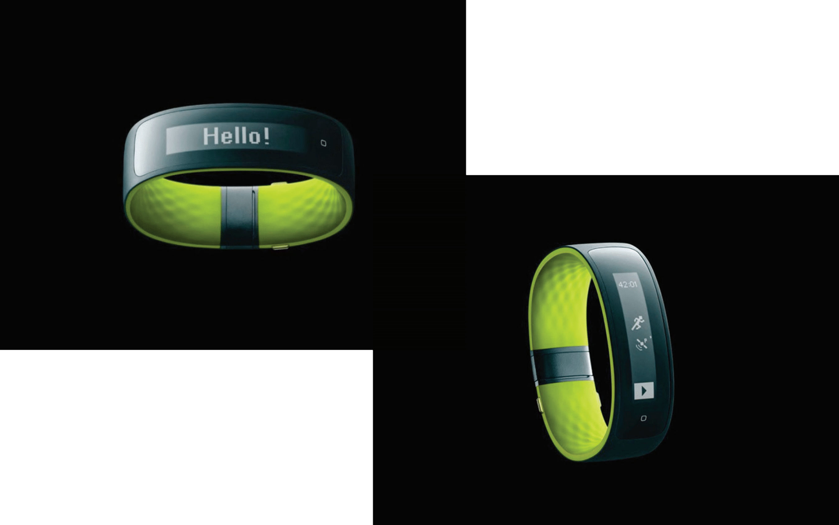 Two product shots of the HTC Grip fitness band in lime green with a dark display strip: one showing a Hello greeting, one showing a running workout timer, set in a diagonal black and white block composition