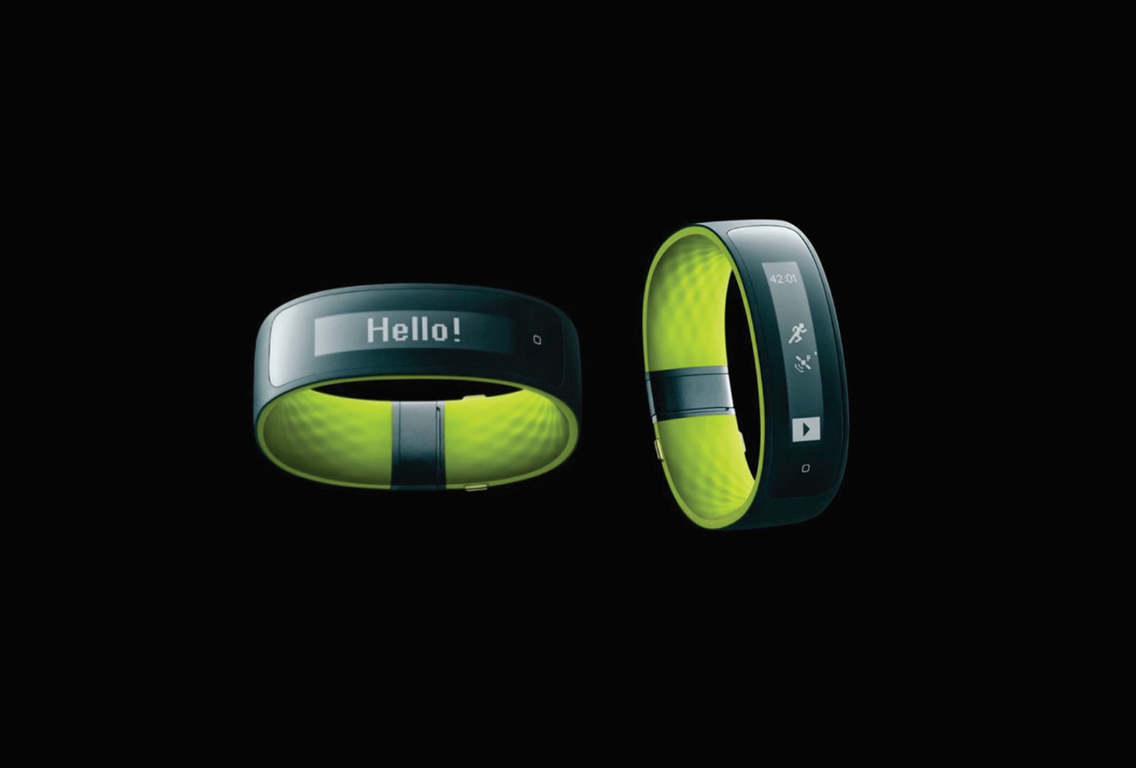 Two HTC Grip fitness bands on black, one displaying “Hello!”, the other a run timer.