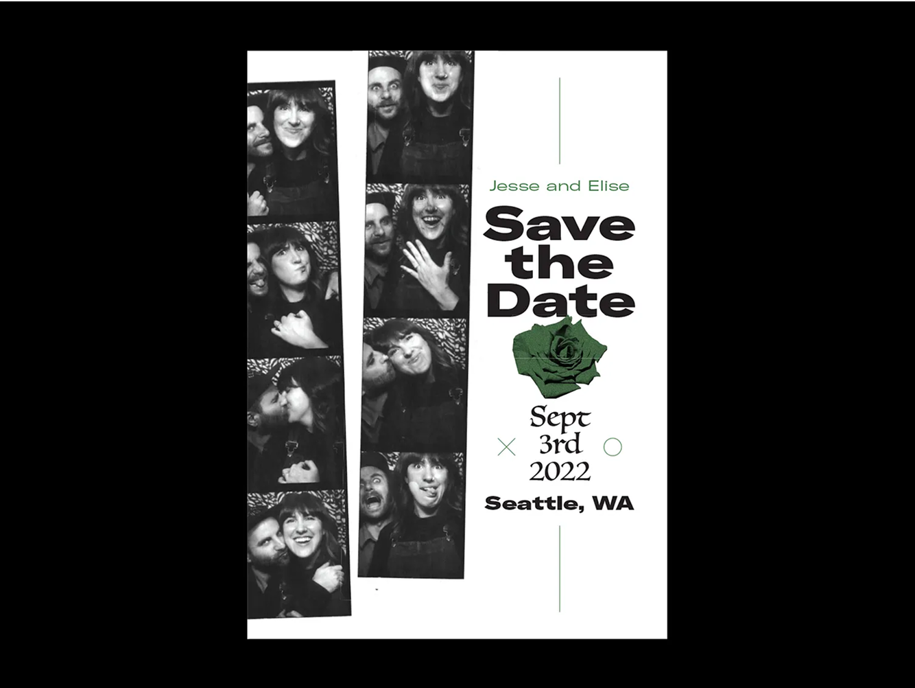 Save the date card: two strips of black and white photo booth pictures beside heavy type and a green rose.